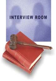 interview room, law books and gavel
