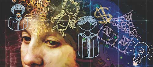 Sound Mind female head with gears, family members and assets